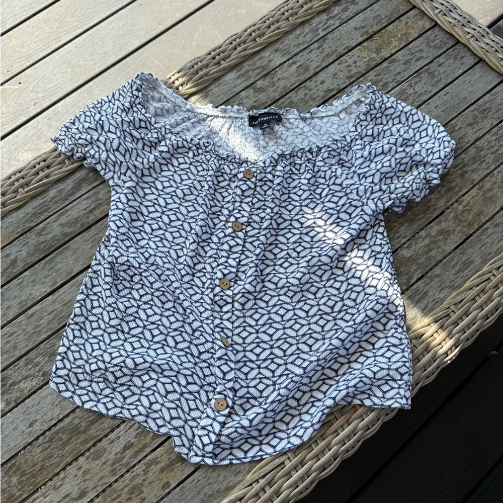 Blue and White Smocked Puff Sleeve Blouse